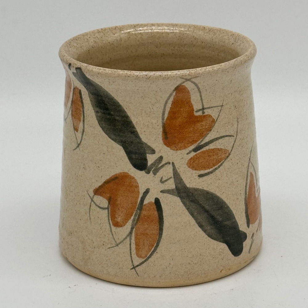 Vintage MCM Speckled Stoneware Mini Crock Hand Painted Floral Planter Cup 1970s